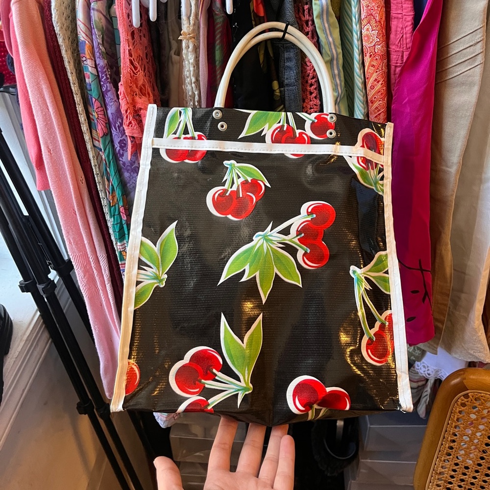 Red cherry black hand bag with white handle and trim 🍒